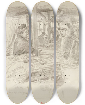 Triptych art skateboard deck of Frdric Houbron Intrieur Du March Des Enfants Rouges En Dcembre 1907 3Me Arrondissement by Frederic Houbron (1851-1908)