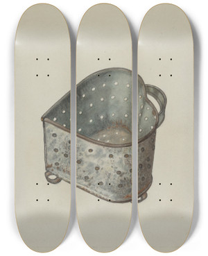 Triptych art skateboard deck of Luther D Wenrich Pa German Cheese Strainer by Luther D Wenrich