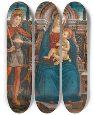 Triptych art skateboard deck of Filippo Dantonio Filippelli Madonna And Child Enthroned With Saint Michael And Saint Sebastian by Filippo dAntonio Filippelli