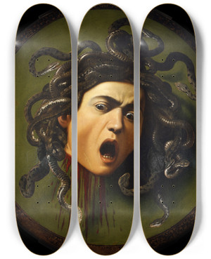 Triptych art skateboard deck of Caravaggio Medusa by Caravaggio (1571-1610)