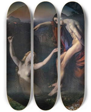 Triptych art skateboard deck of Henri Lehmann The Fisherman And The Nymph by Henri Lehmann (1814-1882)