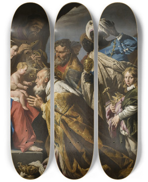 Triptych art skateboard deck of Matthias Stom The Adoration Of The Magi by Matthias Stom (1600-1650)
