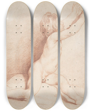 Triptych art skateboard deck of After Edme Bouchardon Seated Nude Boy by After Edme Bouchardon (1698-1762)