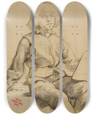 Triptych art skateboard deck of Henri Leopold Lvy Etude De Jeune Homme Assis Tenant Une Tablette by Henri Leopold Levy (1840-1904)