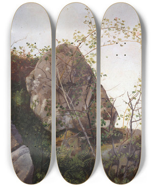 Triptych art skateboard deck of Adolph Tidemand Study Of Dog Roses And Ferns by Adolph Tidemand (1814-1876)