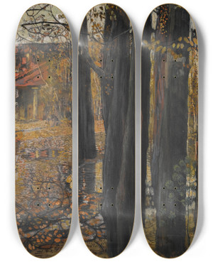 Triptych art skateboard deck of Isaak Izrailevich Brodsky Autumn Landscape by Isaak Izrailevich Brodsky (1884-1939)