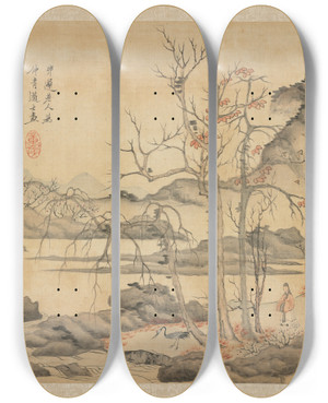 Triptych art skateboard deck of Chen Hongshou Daoist And Crane In Autumn Landscape by Chen Hongshou (1598-1652)