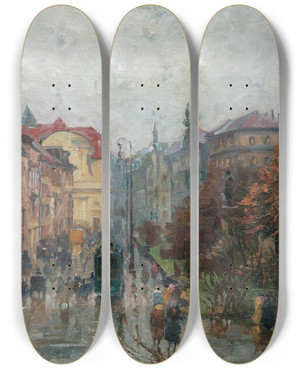 Triptych art skateboard deck of Charles Vetter Promenadeplatz In Mnchen Im Regen by Charles Vetter (1858-1936)