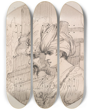 Triptych art skateboard deck of John Hamilton Mortimer Two Heads In A Roundel by John Hamilton Mortimer (1740-1779)
