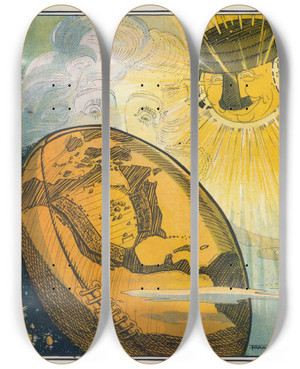 Triptych art skateboard deck of Frank Arthur Nankivell The College World by Frank Arthur Nankivell (1869-1959)