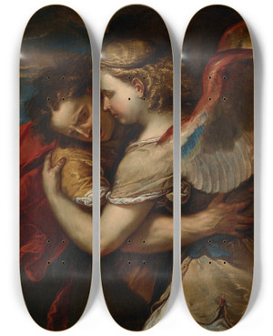 Triptych art skateboard deck of Luca Giordano Jacob Wrestling The Angel by Luca Giordano (1634-1705)