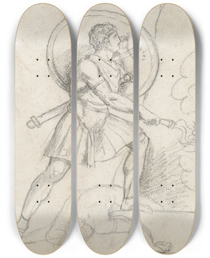 Triptych art skateboard deck of Jacques Louis David Warrior With A Shield And Torch by Jacques Louis David (1748-1825)