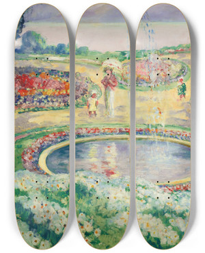 Triptych art skateboard deck of Henri Lebasque Le Jardin Fleuri by Henri Lebasque (1865-1937)