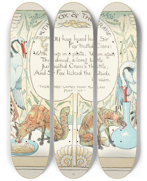 Triptych art skateboard deck of Walter Crane The Fox And The Crane by Walter Crane (1845-1915)