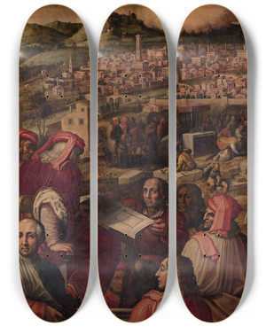 Triptych art skateboard deck of Giorgio Vasari Arnolfo Shows The Plan To Enlarge Florence by Giorgio Vasari (1511-1574)