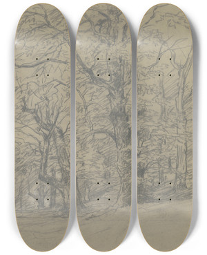 Triptych art skateboard deck of Jakob Maurer Trees At The Edge Of The Forest by Jakob Maurer (1826-1887)