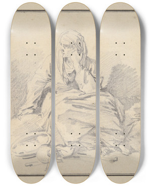 Triptych art skateboard deck of Jeanhonor Fragonard Seatedwoman by Jean-Honor Fragonard (1732-1806)