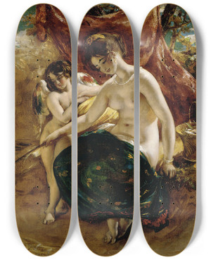 Triptych art skateboard deck of William Etty Nymph Angling by William Etty (1787-1849)