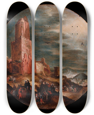 Triptych art skateboard deck of Jan Brueghel The Elder Road To Golgotha by Jan Brueghel The Elder (1568-1625)