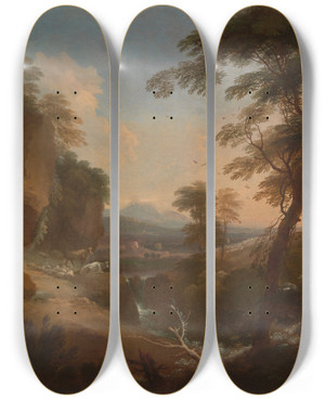 Triptych art skateboard deck of Adriaen Van Diest Landscape With Distant Mountains by Adriaen Van Diest (1655-1704)