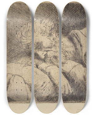 Triptych art skateboard deck of Alphonse Legros Sleeping Beggar Mendiant Endormi by Alphonse Legros (1837-1911)