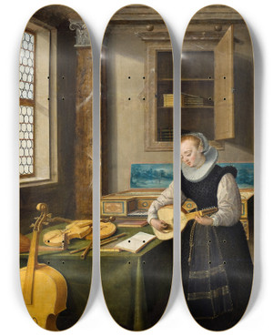 Triptych art skateboard deck of Hendrick Van Steenwijck The Younger Lady Playing The Lute by Hendrick van Steenwijck the Younger (1580-1649)