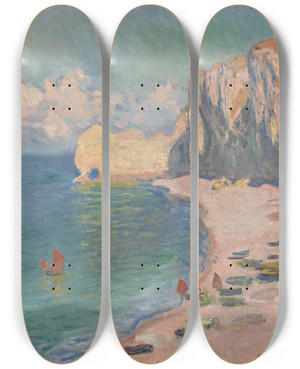 Triptych art skateboard deck of Claude Monet Tretat The Beach And The Falaise Damont by Claude Monet (1840-1926)