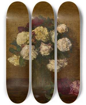Triptych art skateboard deck of Henri Fantinlatour Roses In A Vase_1 by Henri Fantin-Latour (1836-1904)