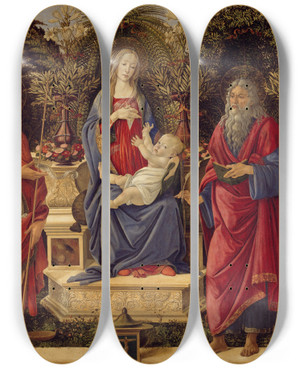 Triptych art skateboard deck of Sandro Botticelli Madonna And Child With Both Saints John by Sandro Botticelli (1444-1510)