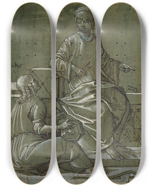 Triptych art skateboard deck of Hans Brosamer Euclid And The Geometry by Hans Brosamer (1495-1554)