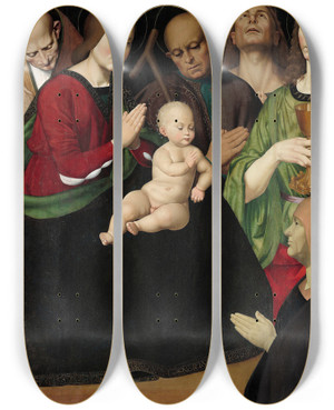 Triptych art skateboard deck of Antonio Rimpatta The Holy Family With Four Saints And A Female Donor by Antonio Rimpatta (-16-)
