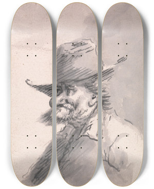 Triptych art skateboard deck of Francis Le Piper A Man With A Bottlenose Wearing A Hat by Francis Le Piper