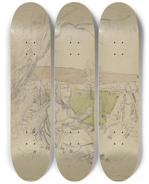 Triptych art skateboard deck of Jakob Frchtegott Dielmann Unter Einem Baum Ist Eine Buerin Mit Flachs Beschftigt Rechts Eine Andere Mit Einer Kuh by Jakob Furchtegott Dielmann (1809-1885)