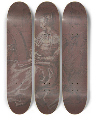 Triptych art skateboard deck of Niklaus Manuel Sitzende Frau Mit Einem Hund by Niklaus Manuel (1484-1530)