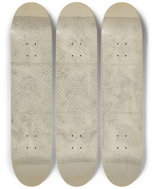 Triptych art skateboard deck of A Zimet Quilted Coverlet by A Zimet