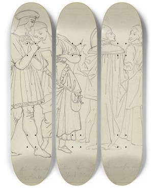 Triptych art skateboard deck of Peter Von Cornelius Der Spaziergang Im Garten Faust Und Gretchen Mephisto Und Marthe by Peter Von Cornelius (1784-1867)