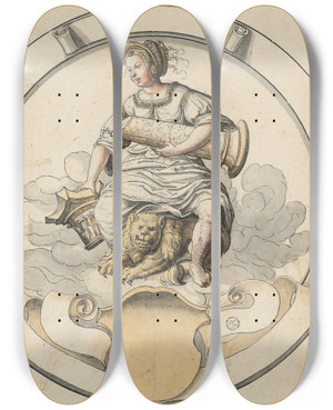 Triptych art skateboard deck of Abraham Bickhart Scheibenriss Im Rund Mit Fortitudo Unten Leeres Wappen by Abraham Bickhart (1535-1577)