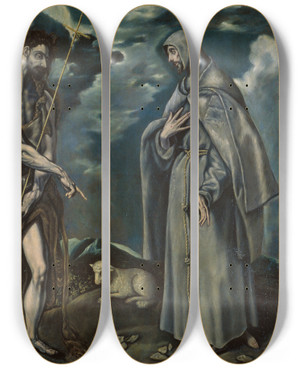 Triptych art skateboard deck of Workshop Of El Greco Saint John The Baptist And Saint Francis Of Assisi by Workshop Of El Greco (1541-1614)