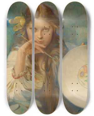 Triptych art skateboard deck of Alphonse Mucha Girl With A Plate With A Folk Motif by Alphonse Mucha (1860-1939)