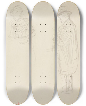 Triptych art skateboard deck of Frdric Houbron Femme Et Vieillard by Frederic Houbron (1851-1908)