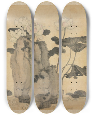 Triptych art skateboard deck of Chen Hongshou Lotus And Rocks by Chen Hongshou (1598-1652)