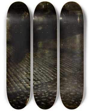 Triptych art skateboard deck of Jzef Pankiewicz Cab In The Rain by Jozef Pankiewicz (1866-1940)