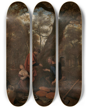 Triptych art skateboard deck of Jan Steen Erysichthon Selling His Daughter by Jan Steen (1626-1679)