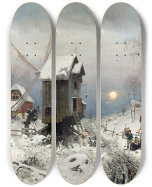 Triptych art skateboard deck of Frithjof Smithhald Winter Landscape by Frithjof Smith-Hald (1846-1903)