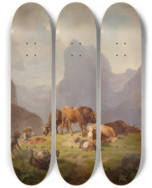 Triptych art skateboard deck of Friedrich Voltz Auf Der Alm by Friedrich Voltz (1817-1886)