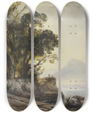 Triptych art skateboard deck of Thodore Gudin Coastal Landscape by Theodore Gudin (1802-1880)