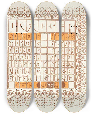 Triptych art skateboard deck of Alfred Roller Oktober by Alfred Roller (1864-1935)