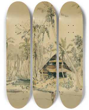Triptych art skateboard deck of Joseph Selleny Das Haus Des Missionars Auf Der Insel Puinipet Ponape Caroline Islands by Joseph Selleny (1824-1875)