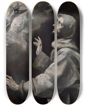 Triptych art skateboard deck of El Greco Domenikos Theotokopoulos Saint Francis Receiving The Stigmata by El Greco Domenikos Theotokopoulos (1540-1614)