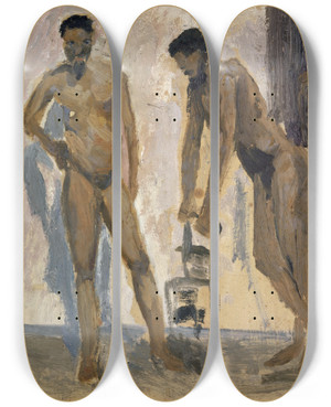 Triptych art skateboard deck of Ernst Schiess Three Black Nude Men by Ernst Schiess (1872-1919)
